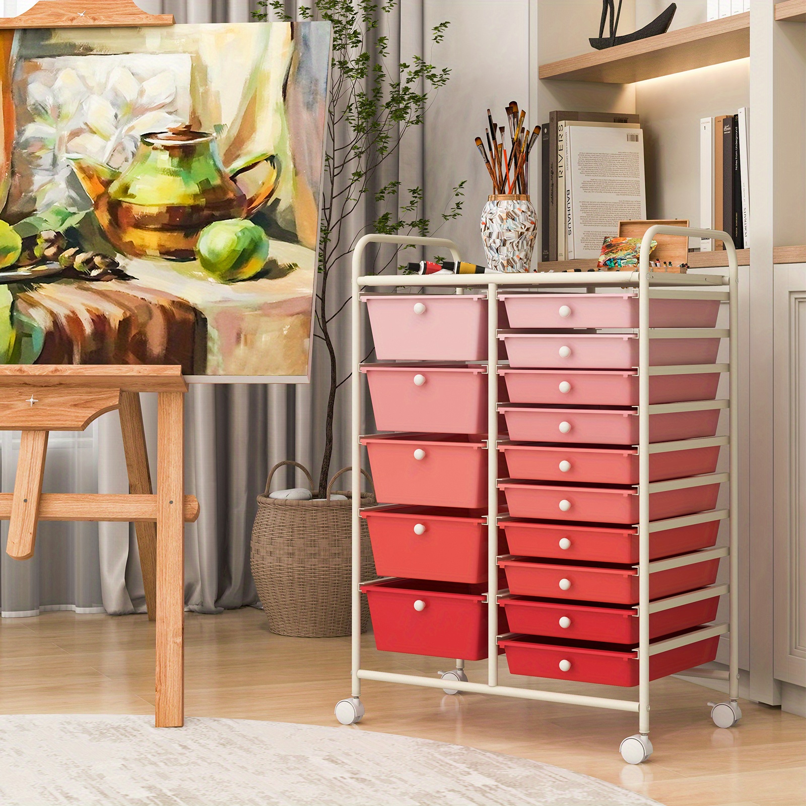   15 drawer rolling storage cart with lockable casters heavy duty plastic mobile utility cart with removable drawers top shelf 66 lbs capacity per drawer 360 swivel casters non slip feet multipurpose organizer for home   craft     easy assembly space saving storage solution plastic storage drawer office organization and storage rolling cart storage with wheel rolling cart with wheel on drawer organizer and storage drawer