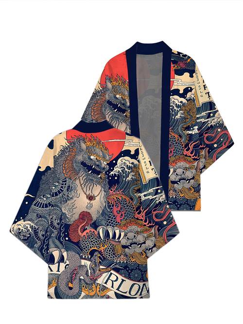 item picture 1pc lion kimono robe summer casual loose fit polyester kimono with applique design lightweight breathable hand wash or only chinese size please check the size guide