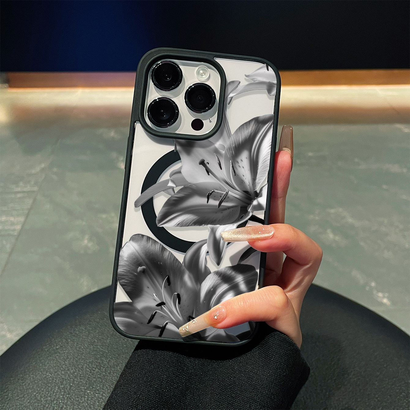 TEMU Phone Case: Matte Frosted Anti-collision Phone Case With Gray- Lily Flower Print, Precise Cutouts, Anti-fingerprint, Full-, Magnetic Style.