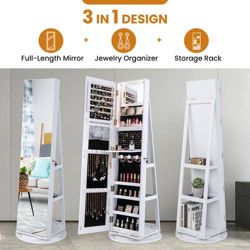 360 rotating full length jewelry with 3 in 1 lockable cabinet 3 color adjustable led lights white mdf large storage shelves silent rotating base freestanding dressing room organizer for