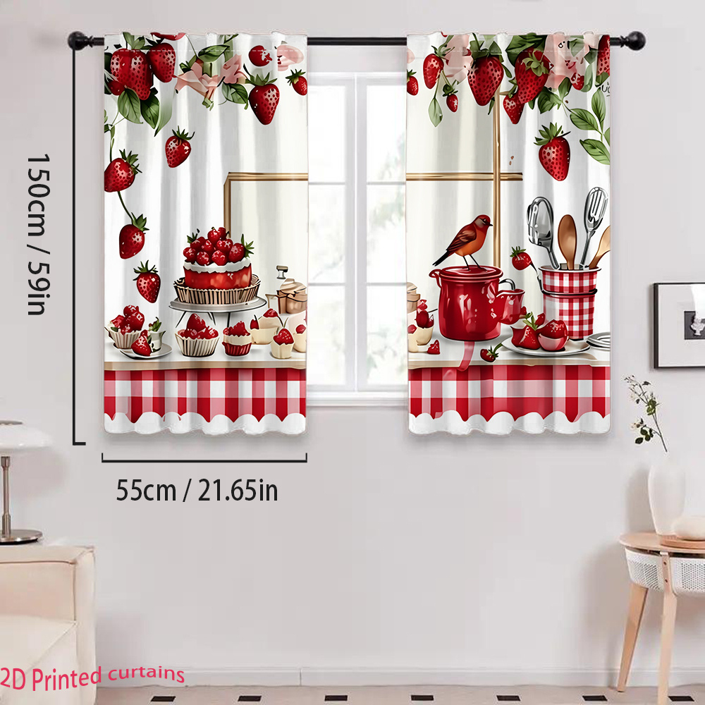 TEMU 2d Flat - 2d Flat - Curtains Featuring A Kitchen Scene Pattern With A 2pcs Strawberry Dessert Design, From Semi-transparent Polyester. Rod Not