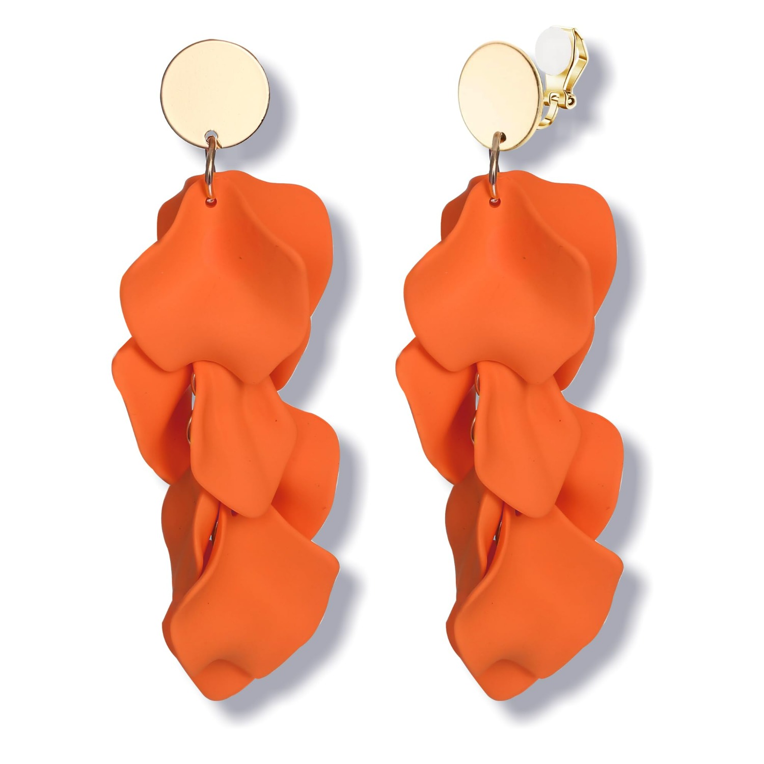 Image of A Pair Of Dangle Clip-on Earrings Featuring Rose Petals, Made Of Acrylic, In Red, White, Black, Hot Pink, And Orange, Perfect As A Floral Statement For Women