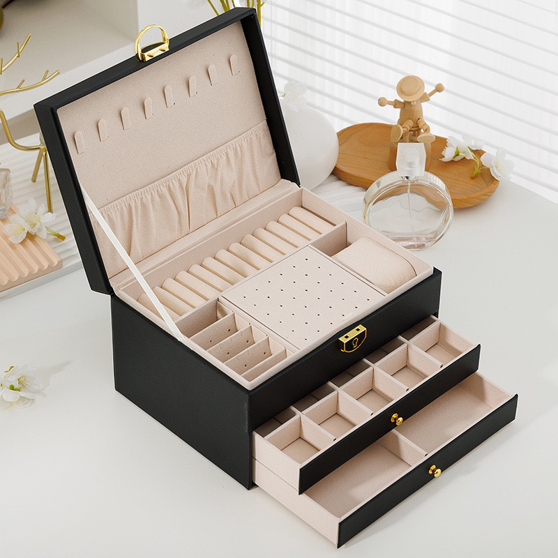 womens elegant multi drawer jewelry box with locking mechanism soft fabric like lining multi compartment organizer for necklaces rings earrings bracelets durable construction multi color options decorative storage case for home office ideal gift for jewelry lovers ring holder   construction Product details 7