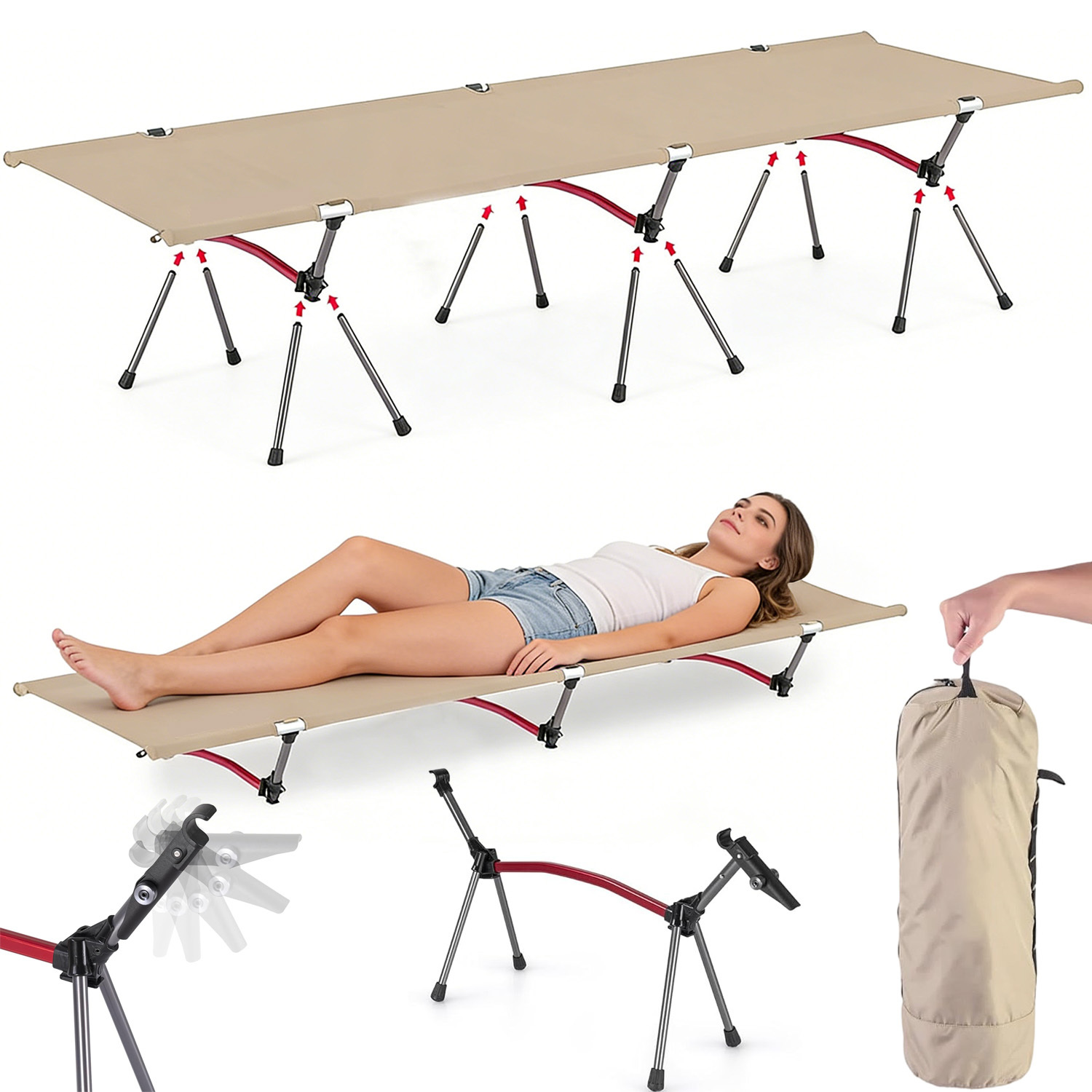 Image of Ultralight Camping Cot, Easy To Assemble Folding Tent Cot, Compact & Protable Camping Bed For Camping, Mountaineering, & Hiking, Supports 330lbs With Carry Bag, Kahki