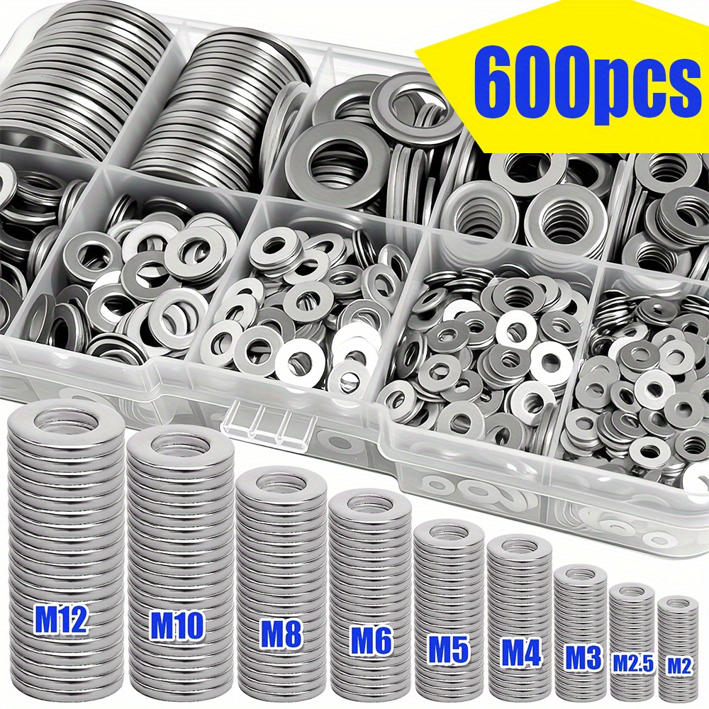 item picture 600pcs stainless steel flat washer assortment kit durable stainless steel material riser shims polished surface   sizes  12 suitable for tightening loosening and deformation prevention washers for bolts and screws