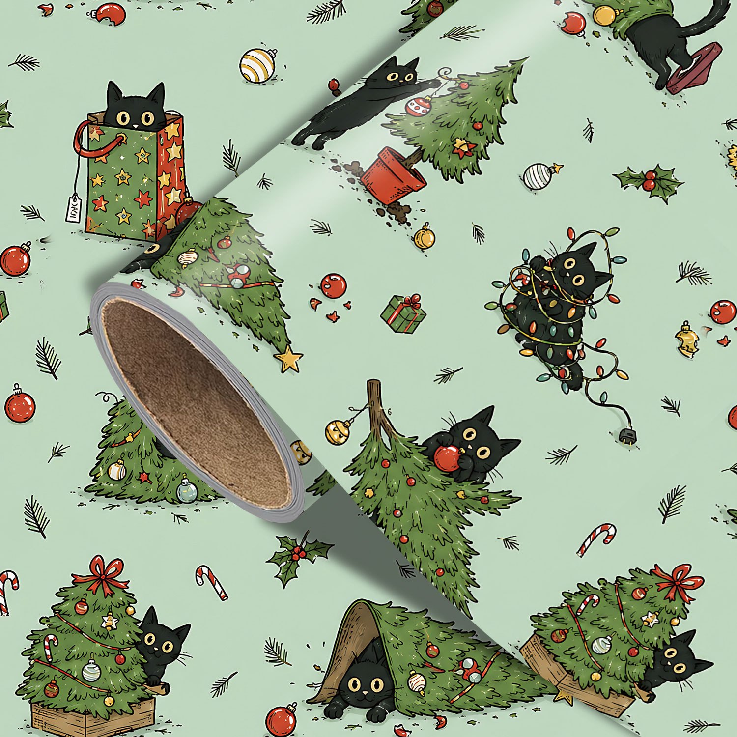 TEMU 1 Rolle Schwarze Katze Geschenkpapier, Niedliches Cartoon Feiertags Geschenkpapier mit verspielten schwarzen Katzen, Weihnachtsbäumen,
