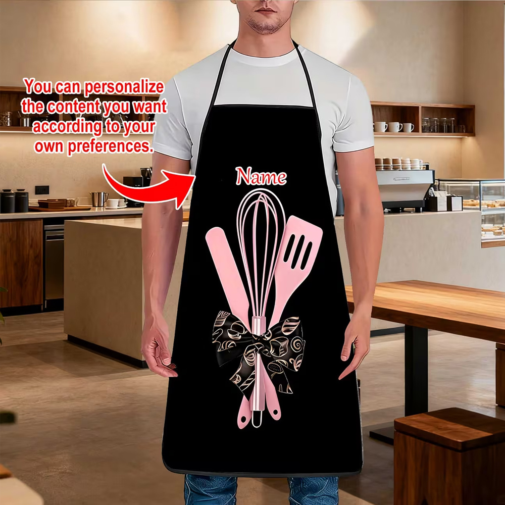 TEMU 1pc Customizable Name Pink Baking Tools Bow 2d Flat Printing | Kitchen Work Baking Wear | Polyester Material | Custom Apron | Universal Size |