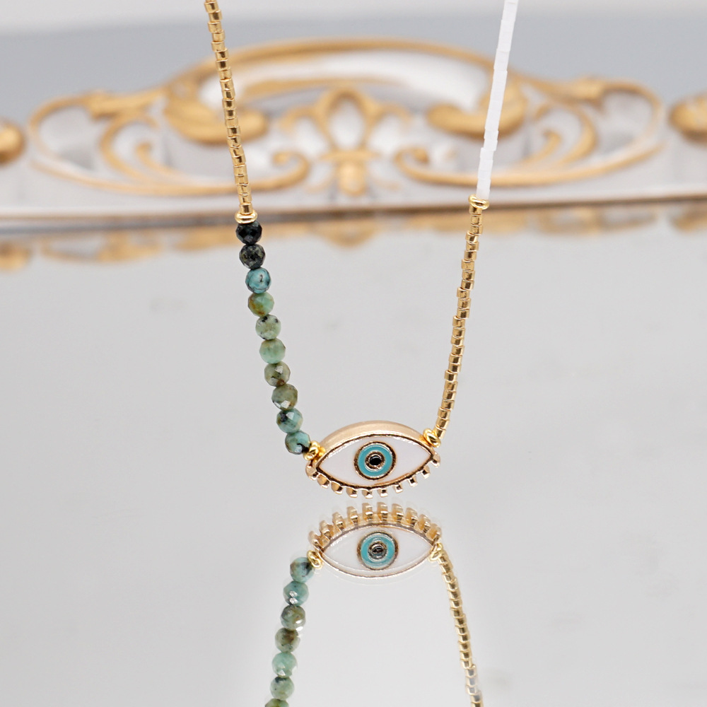 TEMU 1pc 's Bohemian Natural Stone Bead Necklace With Evil Eye Pendant - Beads (black/green/white/brown), Greek/egyptian Charm For Casual Attire,