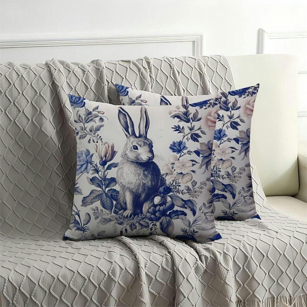 

2pcs Blue And White Porcelain Floral Chinoiserie Rabbit Pillows, Short Plush Cushion Cases, Contemporary Style, Polyester, Machine Washable, Zipper Closure, For Sofa, Living Room, Outdoor Decor