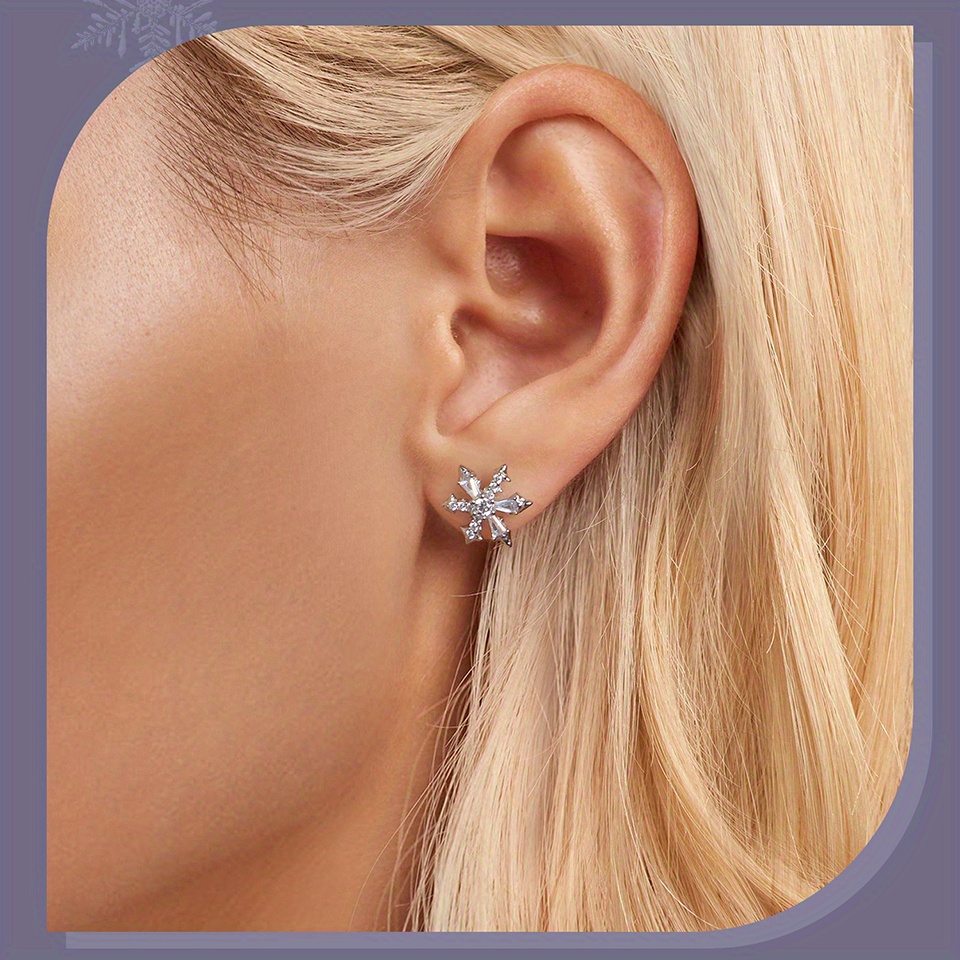 1 pair elegant luxury 925 sterling silver snowflake stud earrings, 3.5g synthetic zirconia, hypoallergenic women s jewelry for   & gift- , christmas season suitable details 3