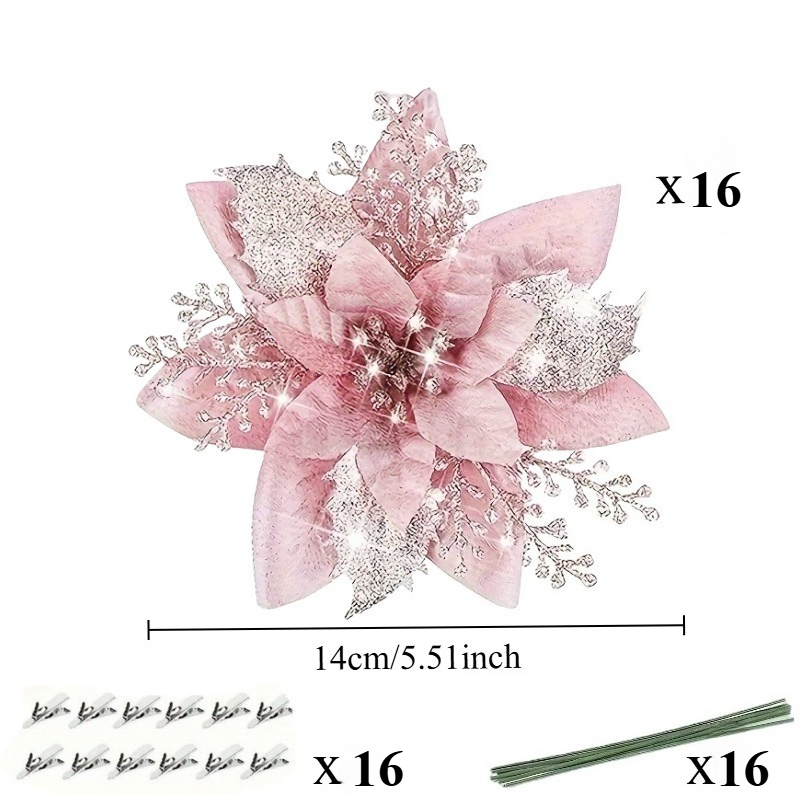 TEMU Set da 48 pezzi di Natale artificiali rosa glitterate - 16 di Natale rosa + 16 clip per fiori + 16 , decorazioni per albero di Natale a tralcio
