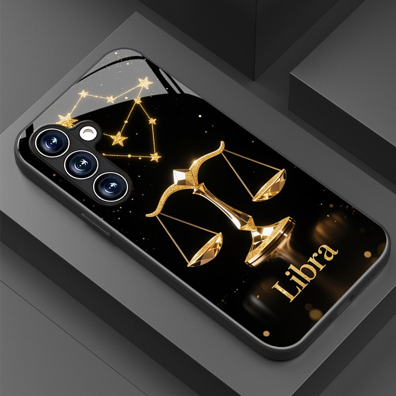 TEMU Phone Case: Fashionable Golden Libra Zodiac Black Tempered Glass Phone Case For Galaxy S25/s25 Plus/s25 Ultra/s24/s24 Fe/s24 Plus/s24