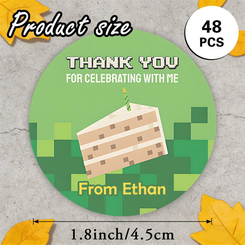 TEMU Custom 48/96pcs Thank You Round Stickers, Personalizable With Name, Text, Etc., Featuring Pixel Cake And For Gamer Party Favors, Gift Tags,