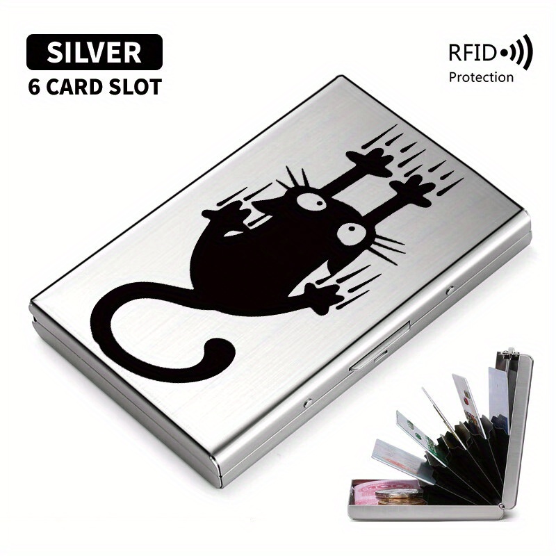 TEMU Black Cartoon Cat Scratching - Ultra-thin Rfid Metal Credit Card Holder, Durable Compact Unisex Wallet For Secure Storage Of Cards And Stylish