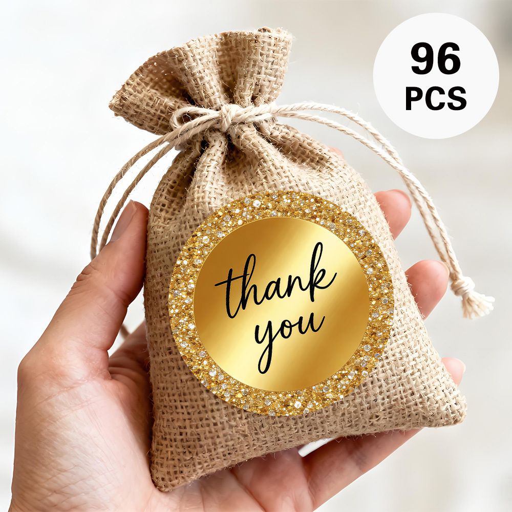 Image of 96pcs Thank You Circular Stickers: Golden Glitter Border With Smooth Golden Background In Luxurious , Ideal For Premium Gift Wrapping, Boutique Packaging, Customer Thank-you Notes, Etc