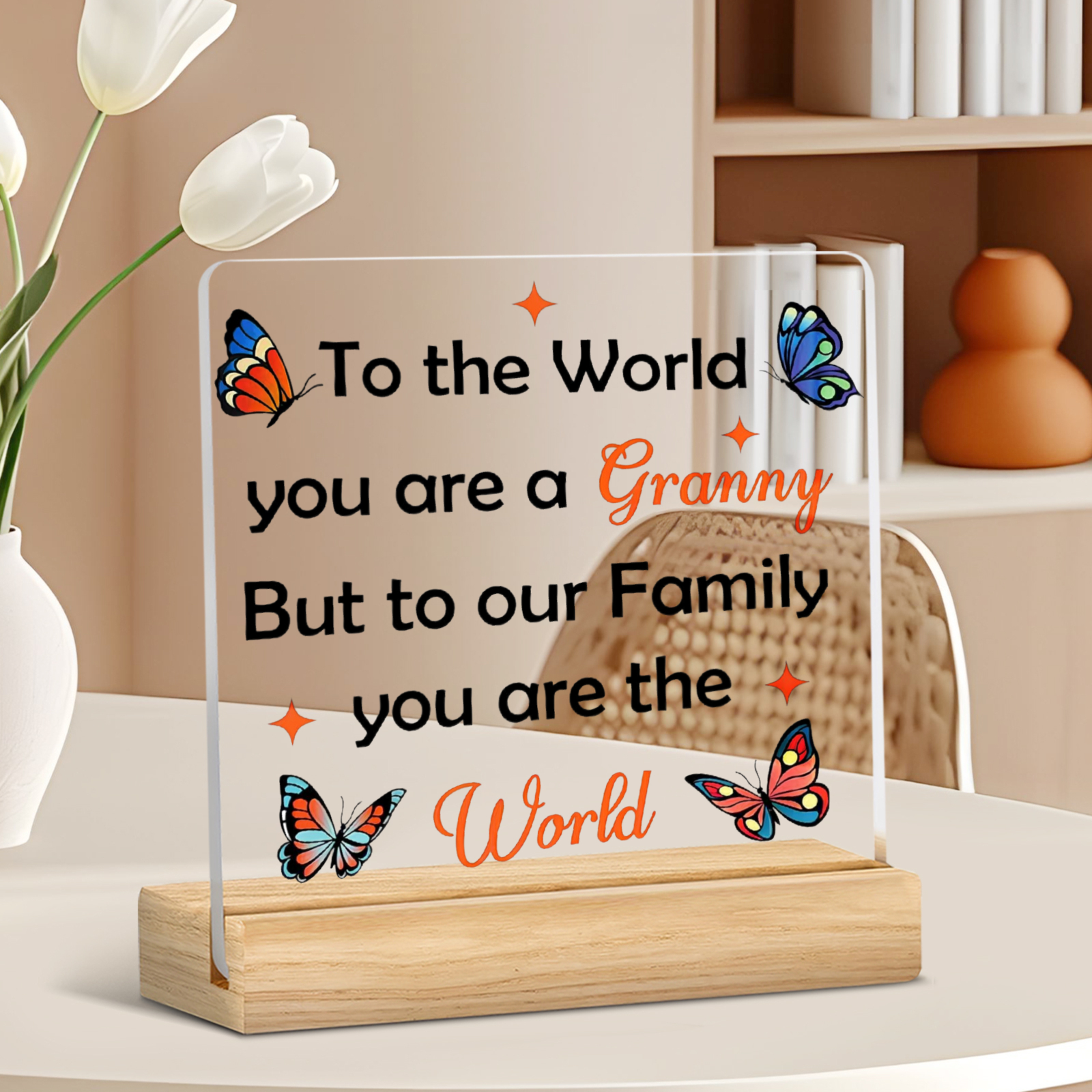 TEMU 2d Flat, 1pc Acrylic Decorative Plaque You Are A Granny With Colorful Butterflies Design For Home Office Desk Decoration Perfect Gift For On