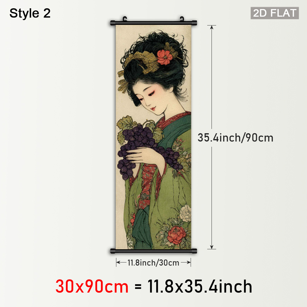 TEMU 2d Flat, 1pc Japanese Framed Hanging Scroll Wall Art - Traditional Geisha & Cherry Blossoms, Vertical Asian Ink Painting On Plastic Frame With