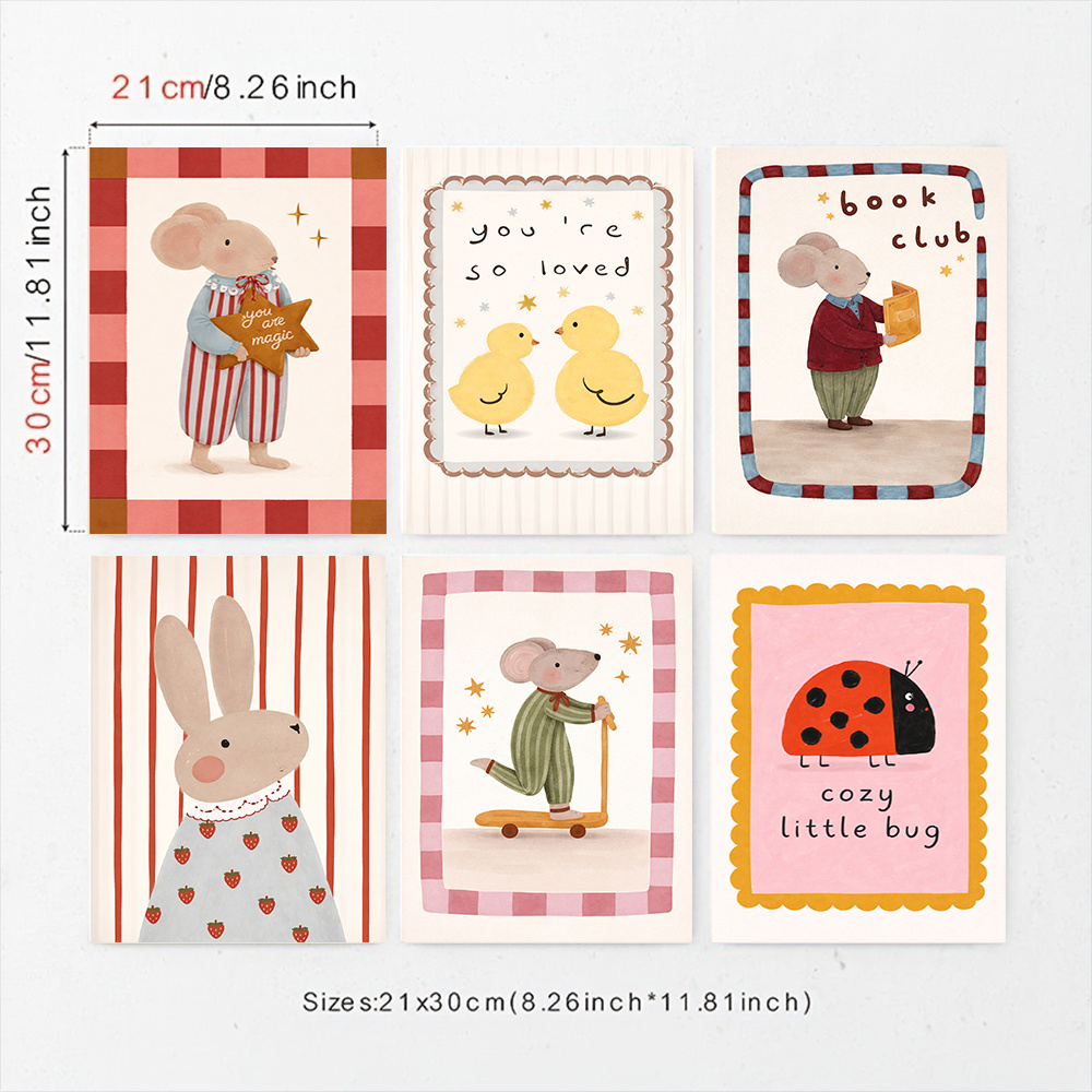TEMU 2d Flat, Set Of 6 Frameless Modern Nursery Wall Decor - Cute Rabbit, Mouse, Chick & Bug Canvas Posters Suitable For Toddlers, Kids Room Art With