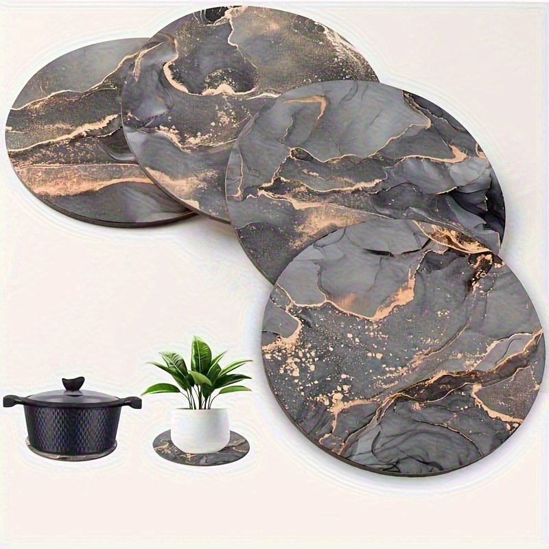 TEMU 4pcs Set Of Luxurious Golden-gray Marble Wood Heat-resistant Coasters. Perfect For Drinks, Coffee Cups, And Office Use, Ideal For Tea, Coffee,