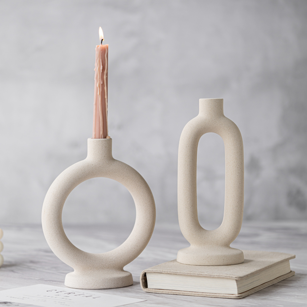 1pc Elegant Ceramic Candle Holder - Modern Minimalist Tabletop Decor with Open Circle Design, Beige/Neutral Tones for Dining Room, Living Room, Office - Durable Ceramic Construction, Compatible with Real or Electronic Candles - Home Decoration Cente