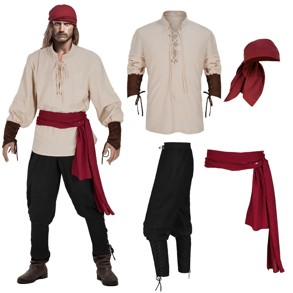 Men's Pirate Costume Set 4pcs Medieval Renaissance Shirt Viking Ankle Pants Halloween Costume