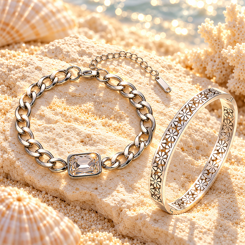 2pc Adjustable Chunky Chain & Floral Carved Bangle Set