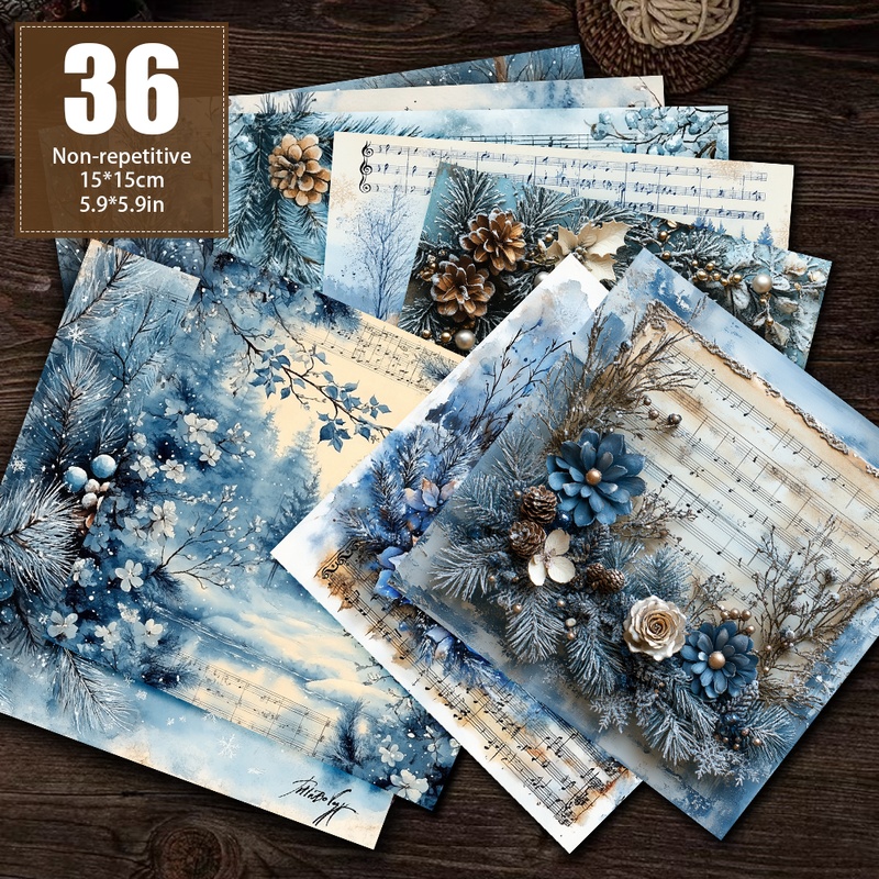 TEMU 36 Non-repeating Blue Winter Floral Snowflakes Decorative Watercolor Design Paper, Decorative Paper, Material Paper, Material Paper, Handbook