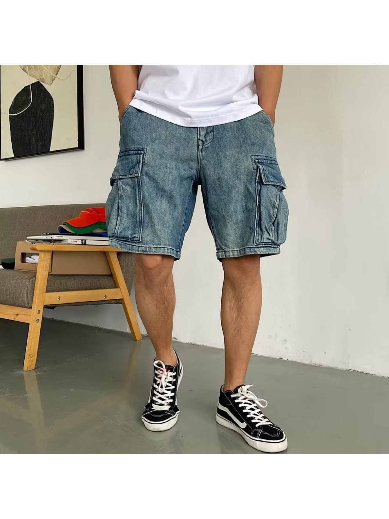 【KOOLOSET】Salt Washed Bermuda Cargo Denim mnml | Baggy Distressed Cargo Shorts - Washed Khaki | Shorts