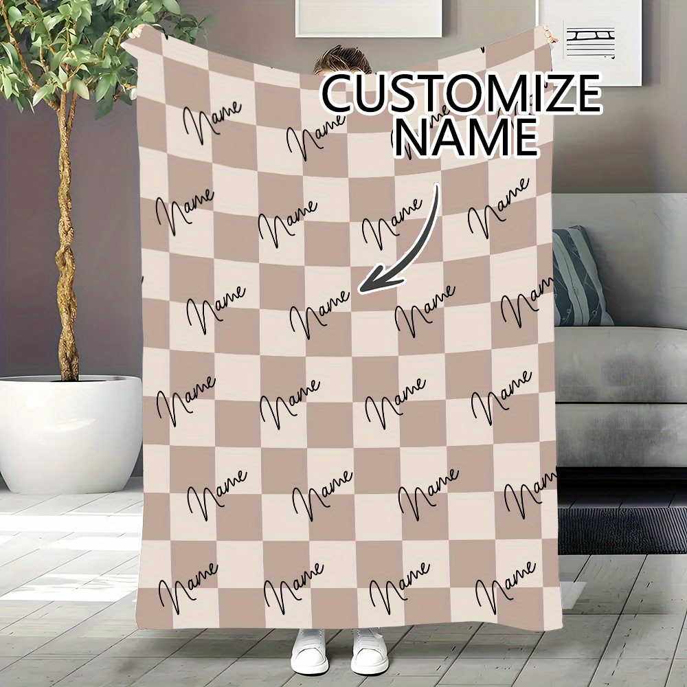 

1pc Custom Name Light Brown Checkered Flannel Blanket – Soft, Cozy Personalized Throw For Bedroom, Office, Travel & Gifts – Family & Friends Birthdays, , Or Any