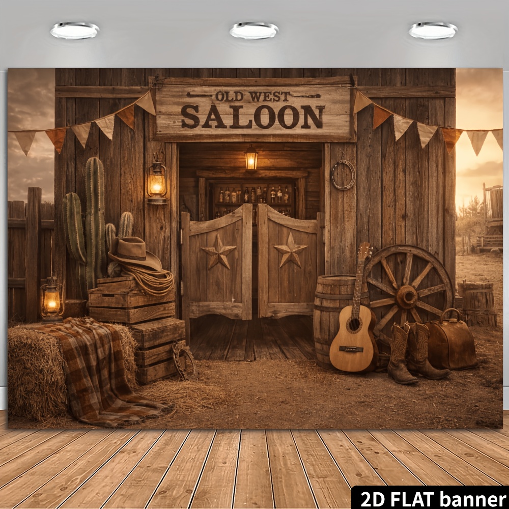 TEMU 2d Flat, 2d Flat - 2d Flat, 2d Flat - 2d Flat Banner, Western Theme Backdrop, Saloon Lettering With Cactus, Cowboy Boots, Guitar, Oil Lamp