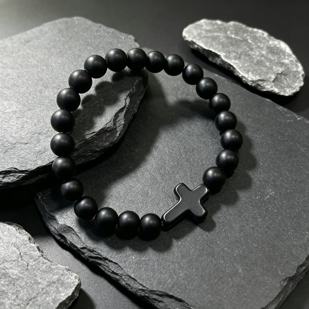 Natural Matte Black Agate Beads Bracelet with Cross Pendant