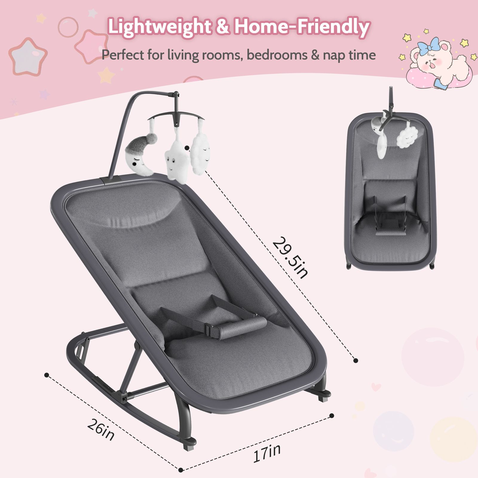 2-in-1 Collapsible Bouncer and Rocker Seat - Lightweight, Quiet, 3-Position Adjustable Cradle -No Assembly Needed, Portable Nursery Chair, Ideal for Showers