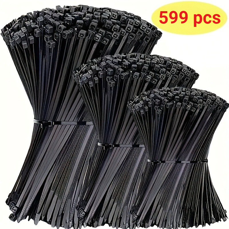599-Pack Black Self-Locking Nylon Cable Ties, 3 Sizes 4/6/8 Inch Assorted, Heavy Duty Wire Ties for Computer Cables, Electrical Wires, Indoor Outdoor Garden Securing Straps