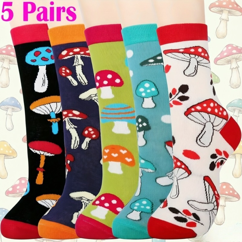 TEMU 5-pair Valporia Mushroom Socks Suitable For , - Crew & Boot Socks With Mushroom Patterns, Machine Washable, Fun Gift For - Novelty Booted Socks