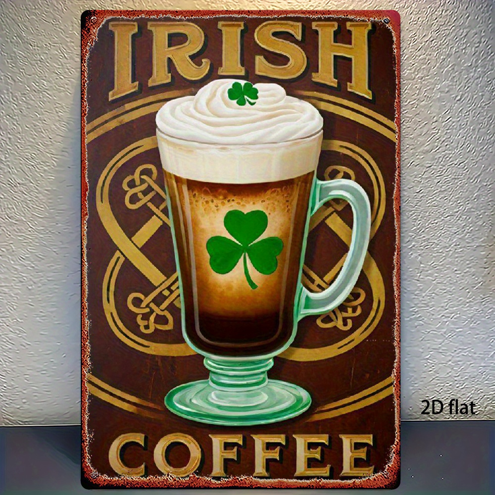 TEMU Plaque métallique 2D plate, 1 pièce - Plaque en fer-blanc Café Irlandais avec feuille verte, décoration murale rétro à suspendre pour bar et