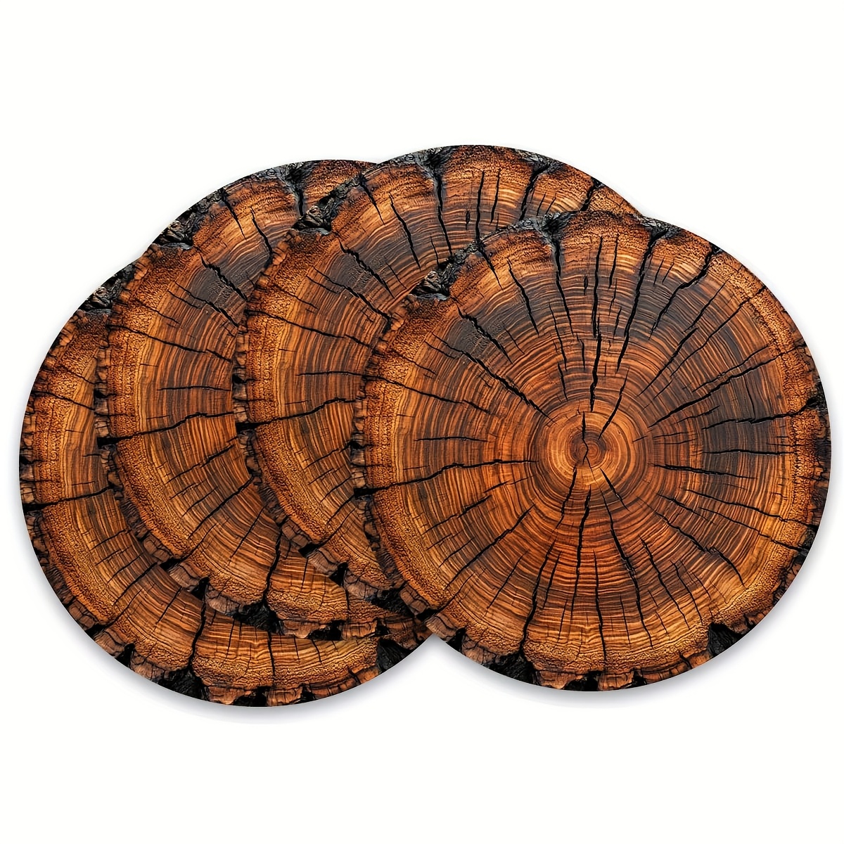 TEMU 4-pack Rustic Ring Pattern Circular Wooden Coasters, Anti-slip Heat-resistant Easy- Suitable For Kitchen Restaurant Home Decor Gift For Relatives Present