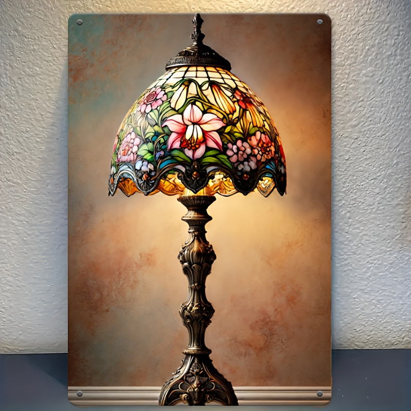 

2d Vintage Floral Glass Lamp Design Metal Sign, 8x12 Inch Tin Wall Art, Iron Material, Wall Hanging Decor