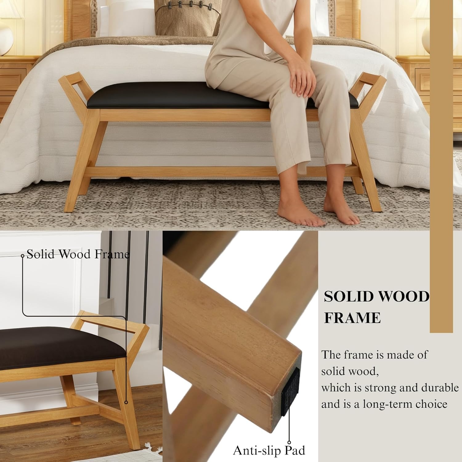 1pc 51Inch End of Bed Bench | Solid Wood Frame, Fabric Upholstered Ottoman Bench for Entryway, Bedroom, Hallway, Living Room, Modern Style