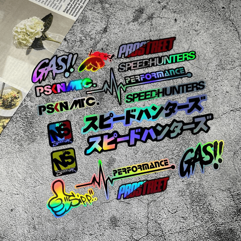 TEMU Pegatina de vinilo 2D , HD mate holográfica láser con eslogan de carreras JDM, 2D , impermeable, resistente a los arañazos, duradera, fácil de