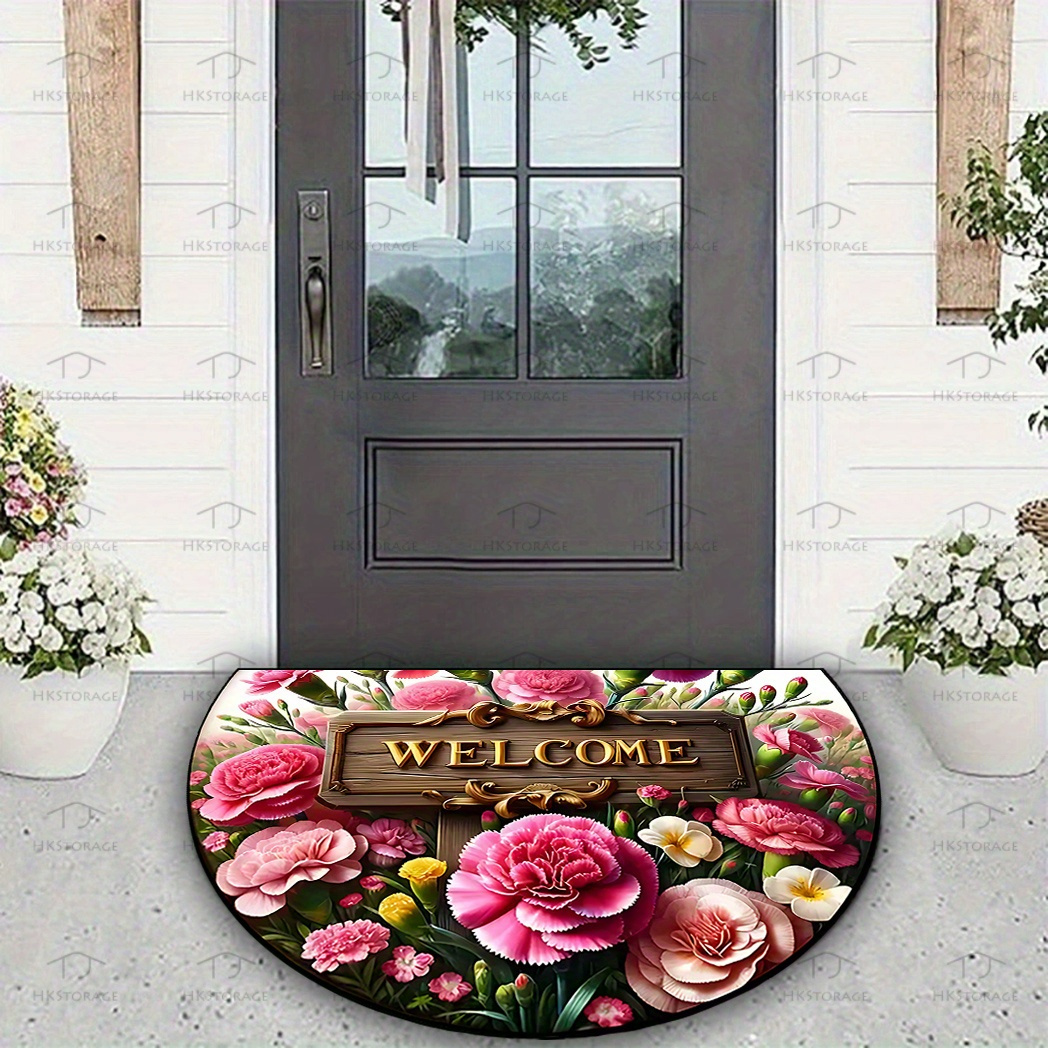 Image of 1pc Floral Welcome Semi-circle Doormat - Durable, Washable With Non-slip Backing, Ideal For Kitchen, Living Room, Bedroom - Decor Gift, Multiple Sizes