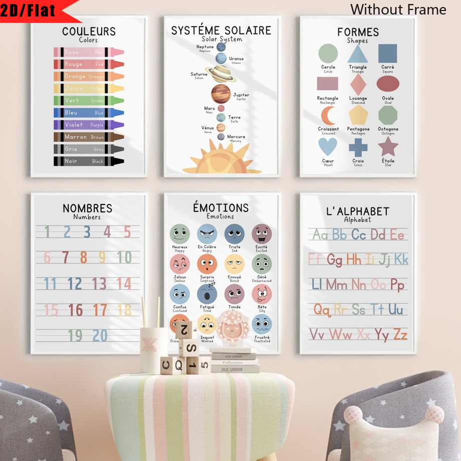 TEMU 2D Plat, 6 affiches bilingues français-anglais d'apprentissage - Système solaire, couleurs, , chiffres, & alphabet - Mur éducatif vertical