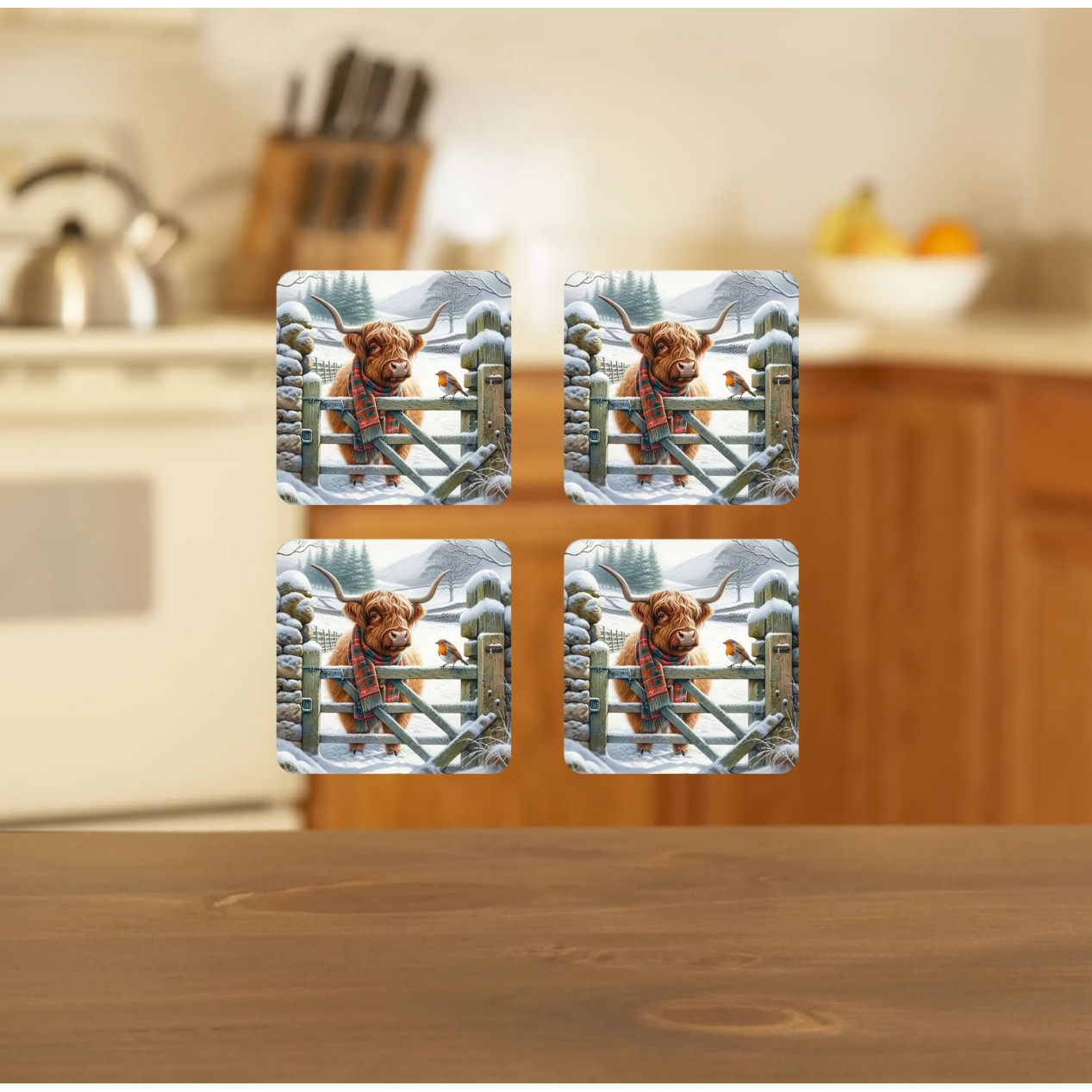 TEMU 4pcs Highland Cow And Robin Snow Scene Wooden Coasters - Scottish Winter Christmas Drink Mats, Cup Coasters, Suitable For Christmas Tree