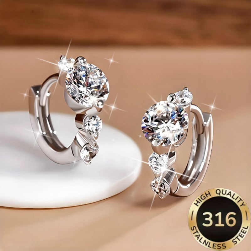 TEMU 1 Pair High-quality Steel Hypoallergenic Light Luxury Sweet Elegant Four-stone Round Synthetic Zirconia Arrangement Design Women's Earrings Hoop