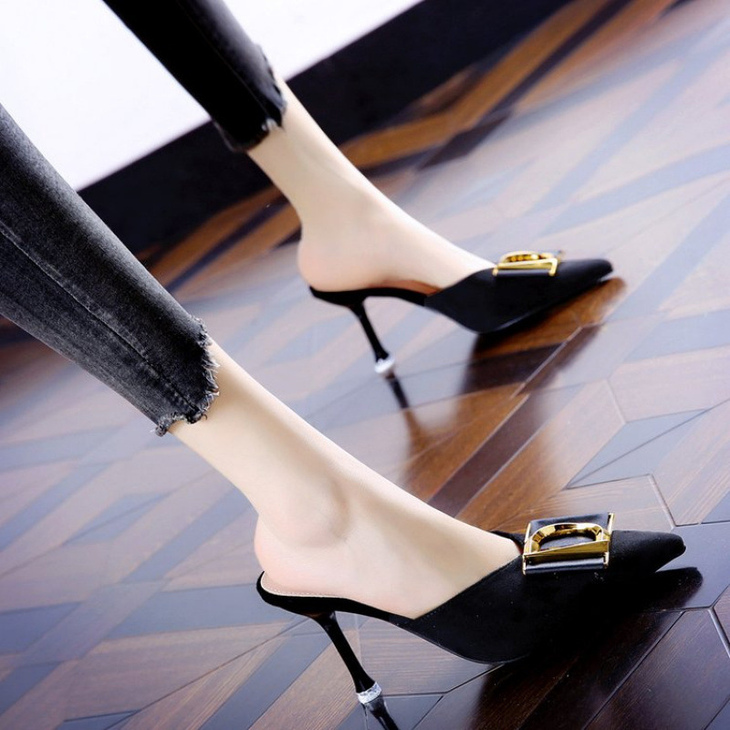 Image of New European And Metal Square Pointed Toe Stiletto Mules, Outdoor Slippers, Elegant Light Luxury Lazy High Heel Women's Mules, Women Shoes