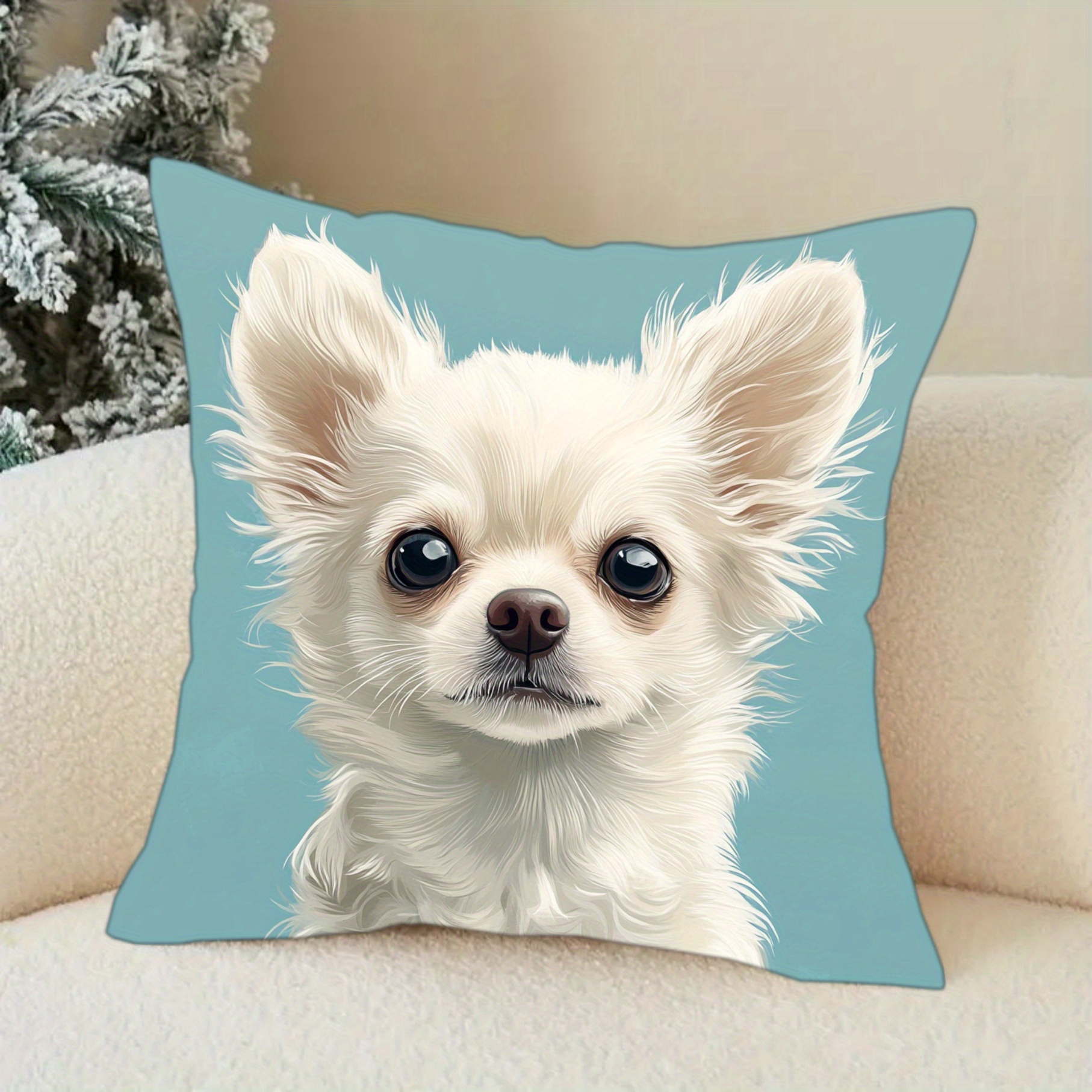 TEMU 1pc Cute Chihuahua Dog Pattern Pillowcase, Soft And Comfortable Polyester Short Plush Fabric, Single-sided Print, Pillow Insert Not Included,