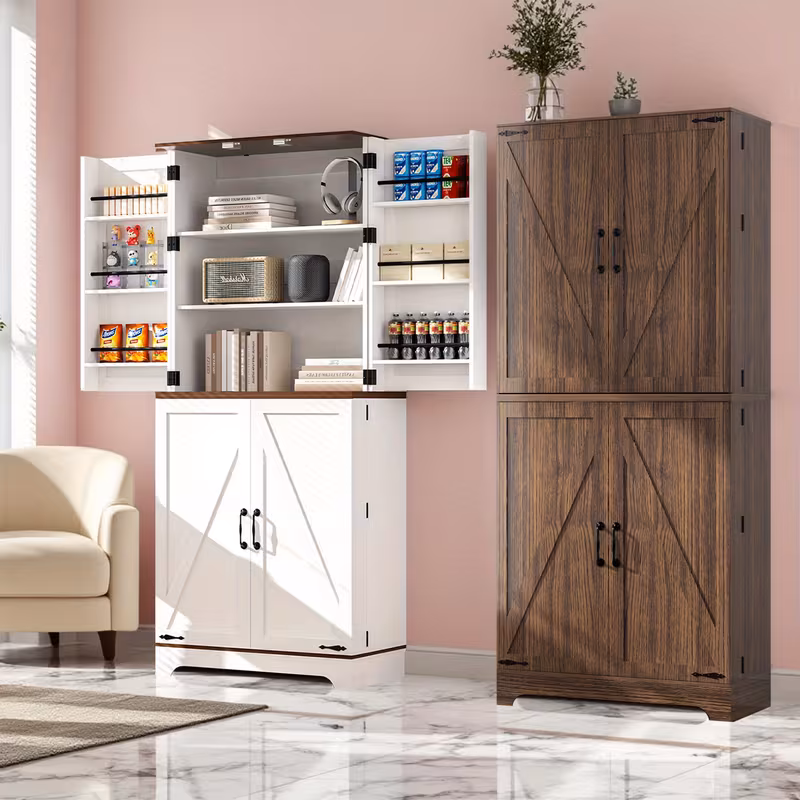 75" Freestanding Kitchen Pantry Storage Cabinet with 4 Barn Doors & Adjustable Shelves