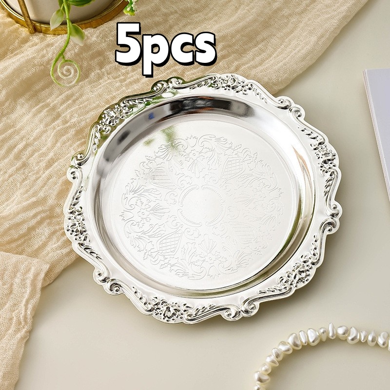 TEMU 5pcs Mini Vintage Light Metal Jewelry Tray, Multi-functional Tray, Carved Design, Used For Jewelry Storage And Organization, Aromatherapy Candle
