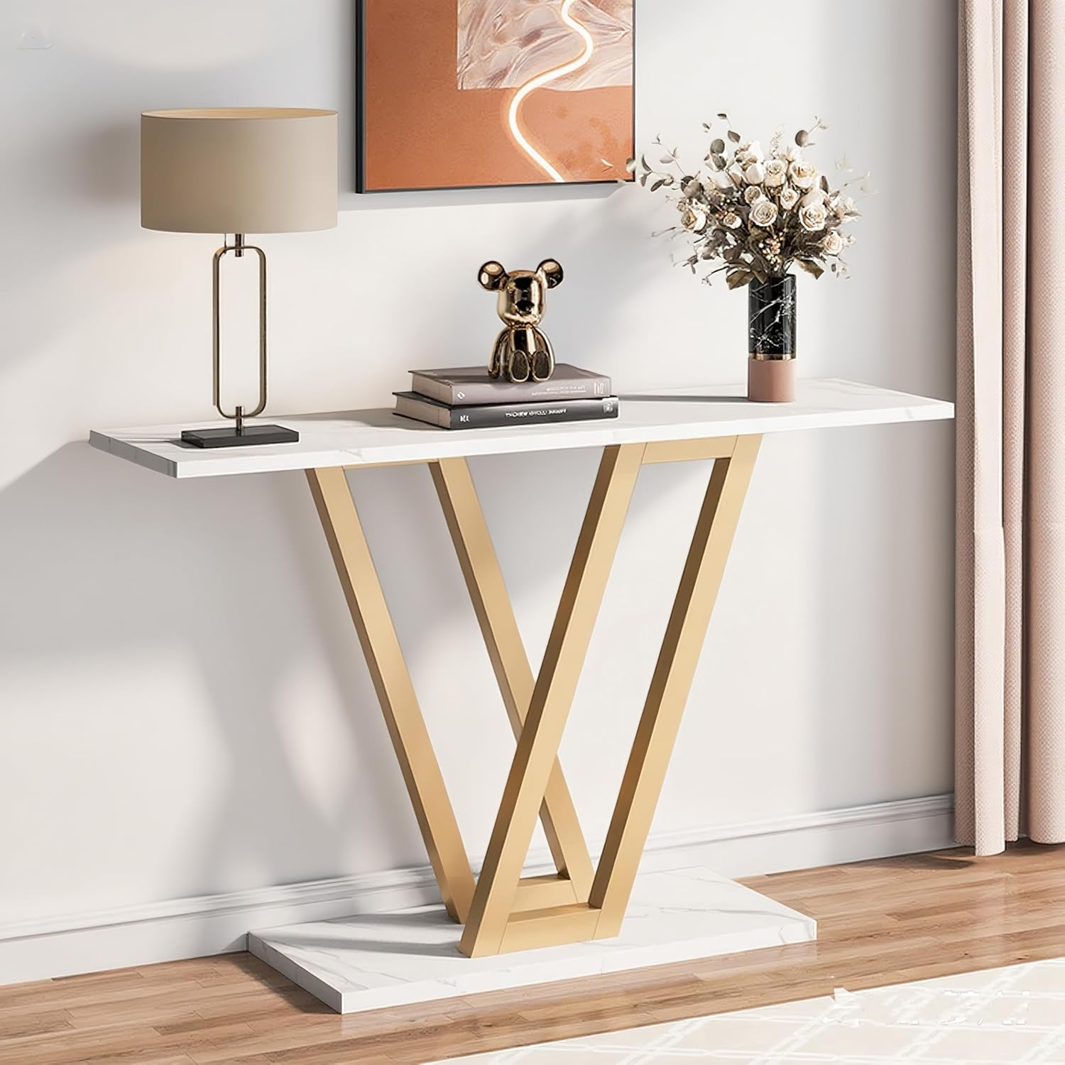 TEMU Modern White & Golden Narrow Console Table With Metal Frame & - Luxe Elegant Entryway Table Suitable For Hallway, Living Room, Small Spaces -