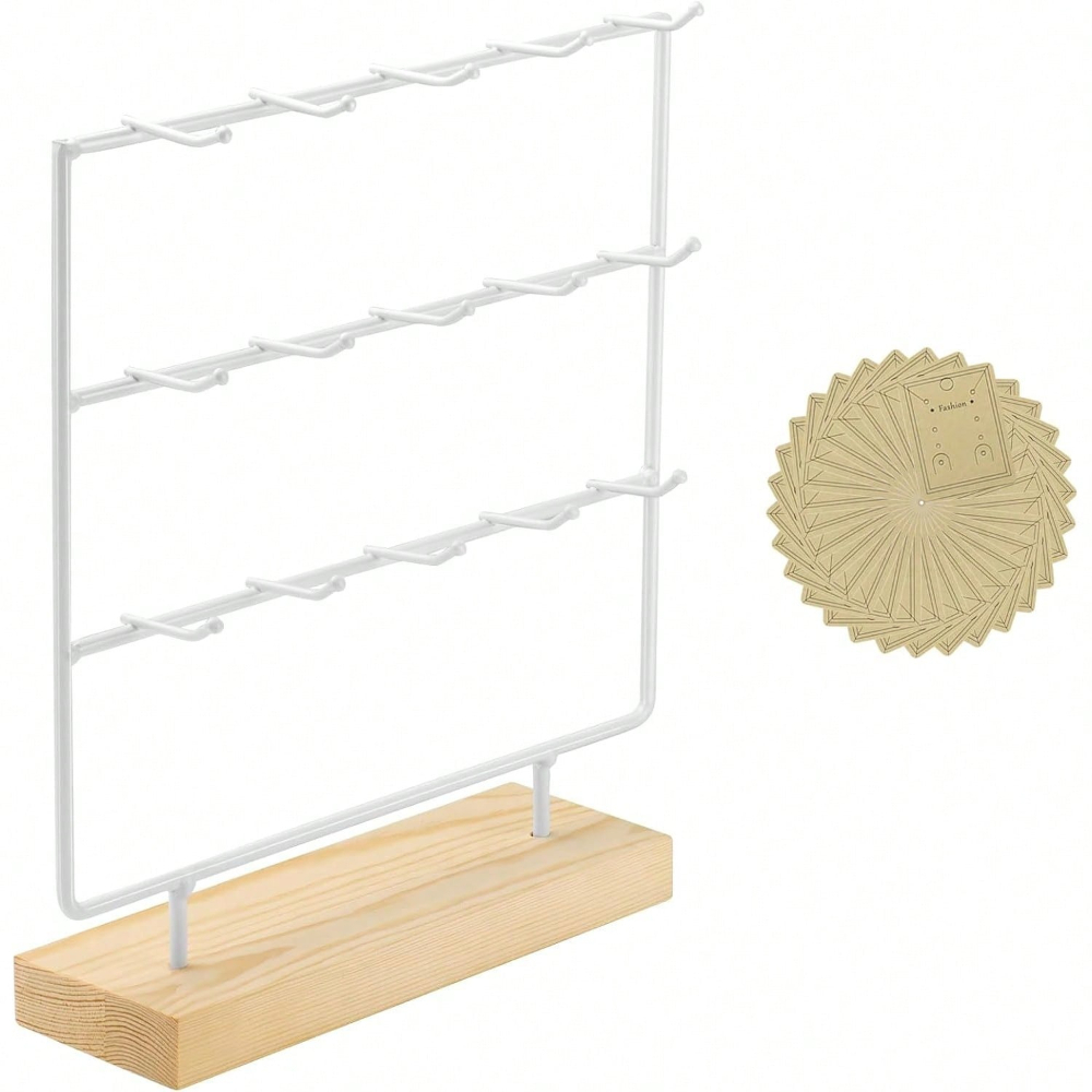 Image of Earring Display Stand 3 Tier 15 Hooks Wooden Earring Display Rack Holder For Earrings Necklaces Rings Bracelets Keychains, Jewelry Towers