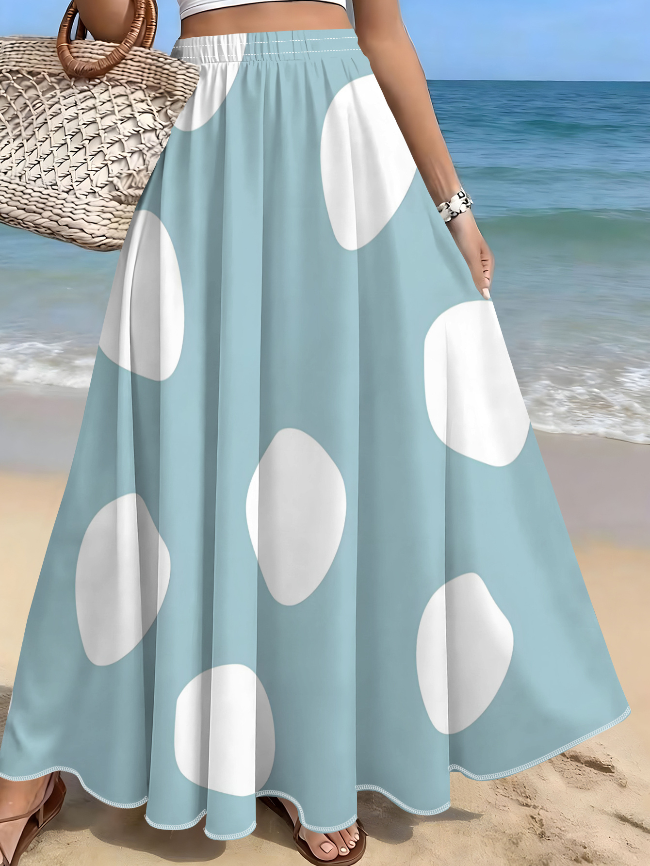 item picture   with white polka dots elastic waist flared chiffon maxi skirt summer casual  